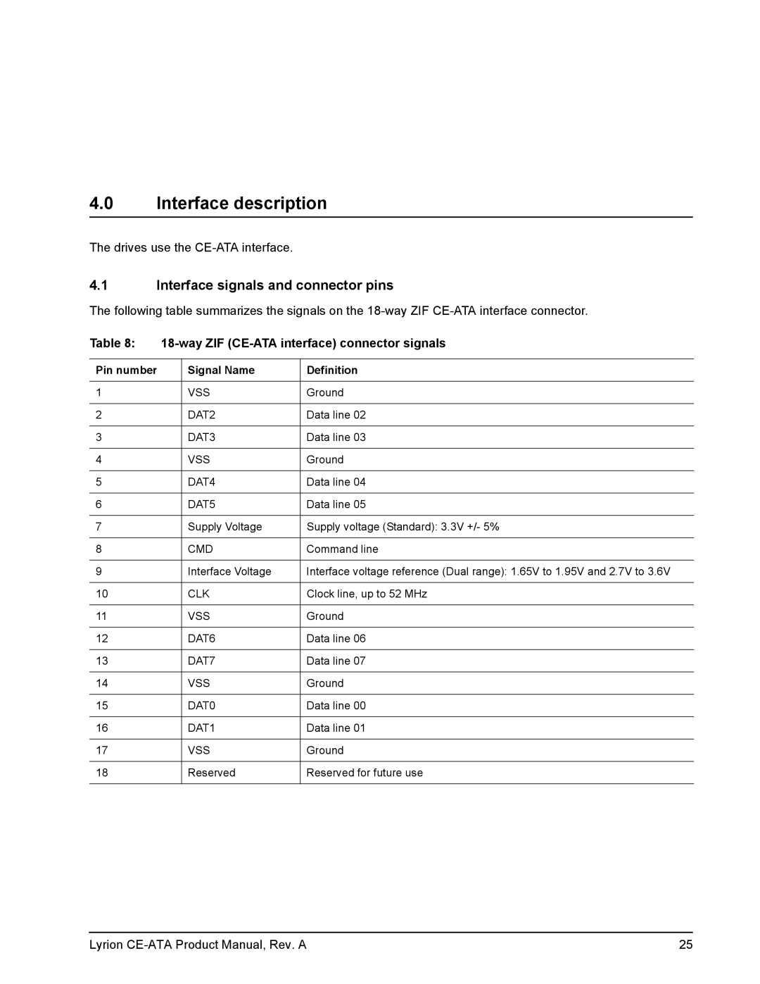 Seagate Lyrion Series manual Interface description, Interface signals and connector pins, Pin number Signal Name Definition 