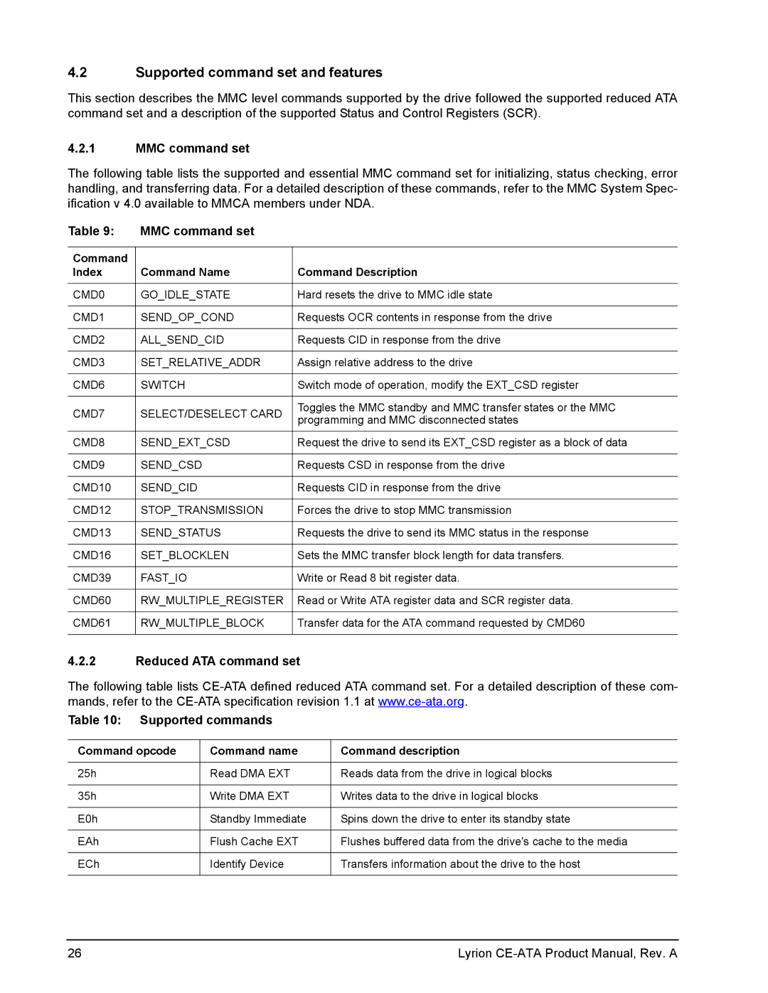 Seagate Lyrion Series Supported command set and features, MMC command set, Reduced ATA command set Supported commands 