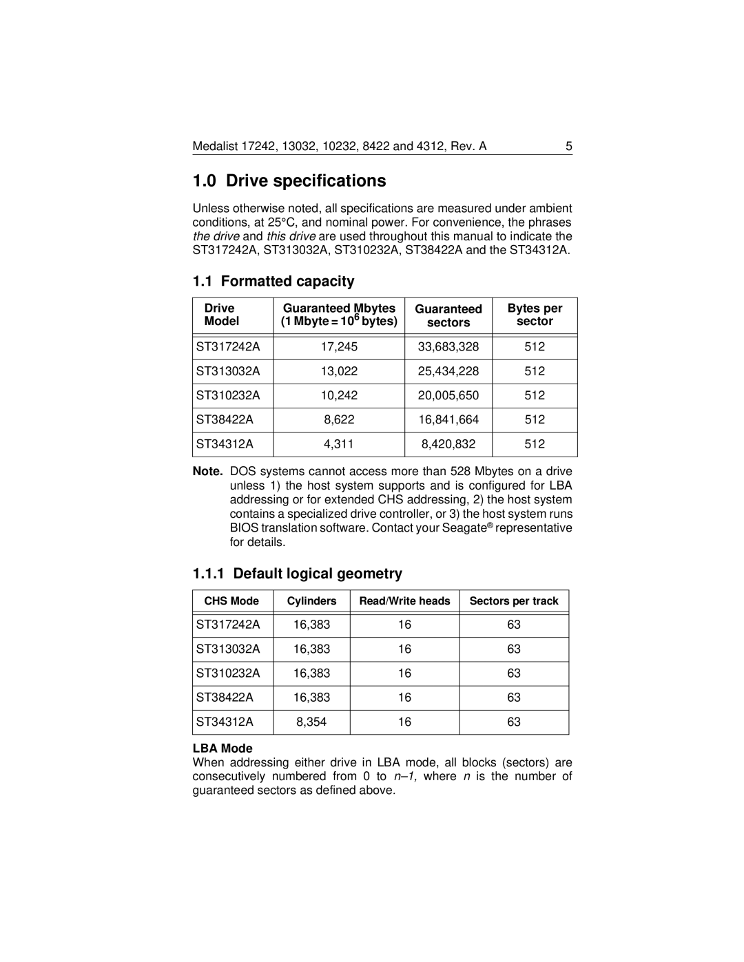 Seagate Medalist 17242 Formatted capacity, Default logical geometry, Drive Guaranteed Mbytes Bytes per Model, Sectors 