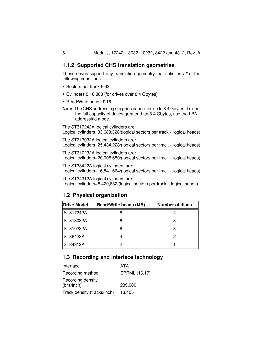 Seagate Medalist 17242 Supported CHS translation geometries, Physical organization, Recording and interface technology 