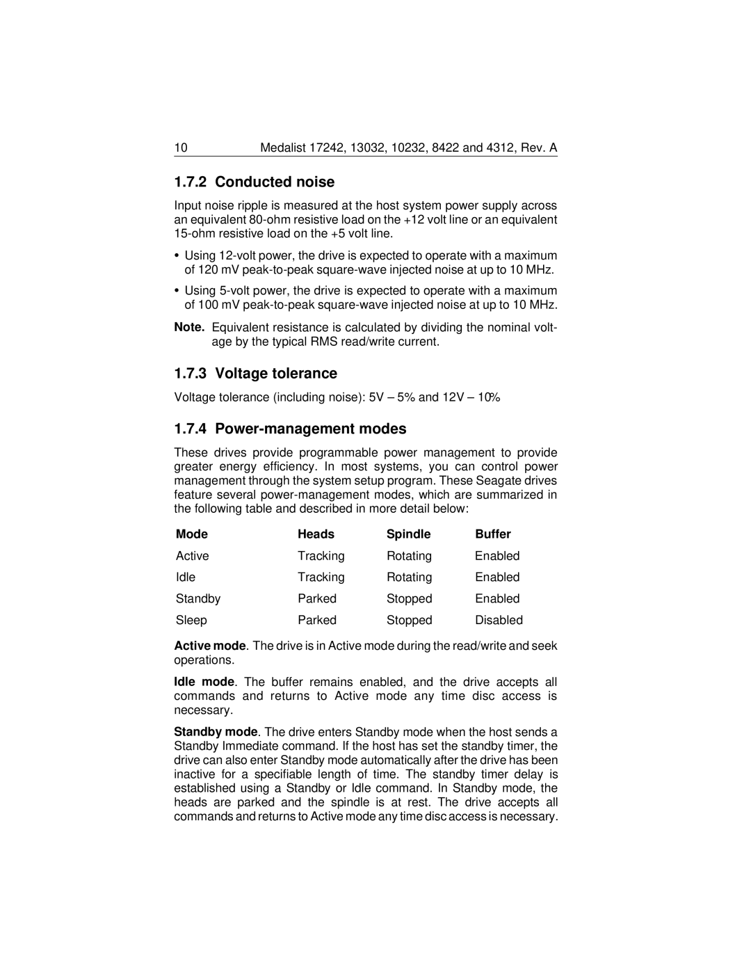 Seagate Medalist 17242 manual Conducted noise, Voltage tolerance, Power-management modes, Mode Heads Spindle Buffer 