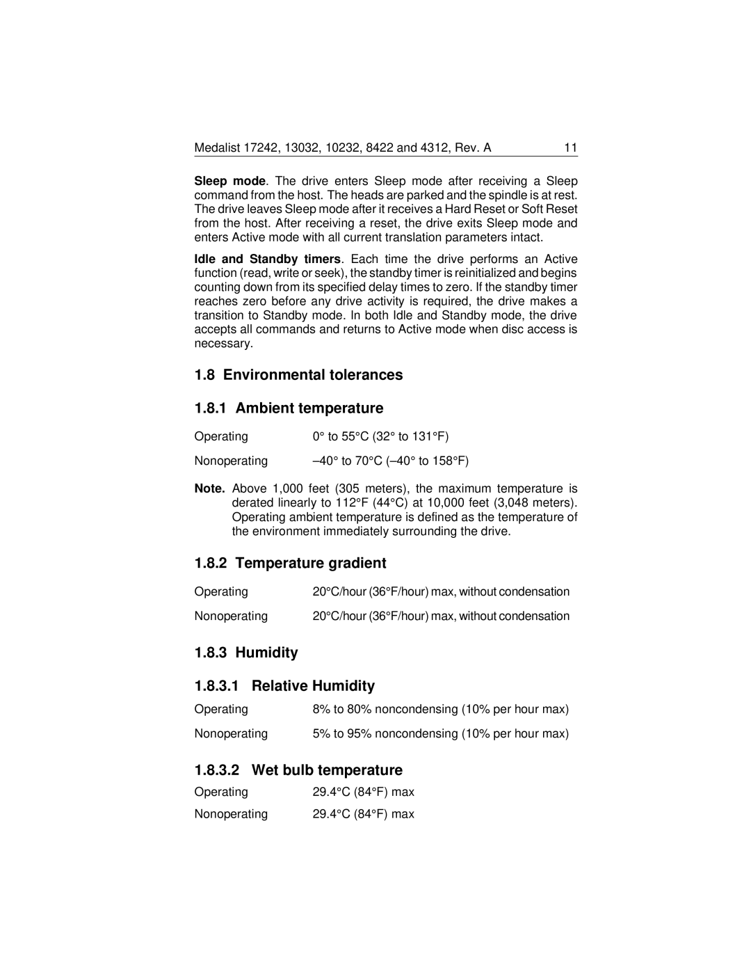 Seagate Medalist 17242 Environmental tolerances Ambient temperature, Temperature gradient, Humidity 3.1 Relative Humidity 