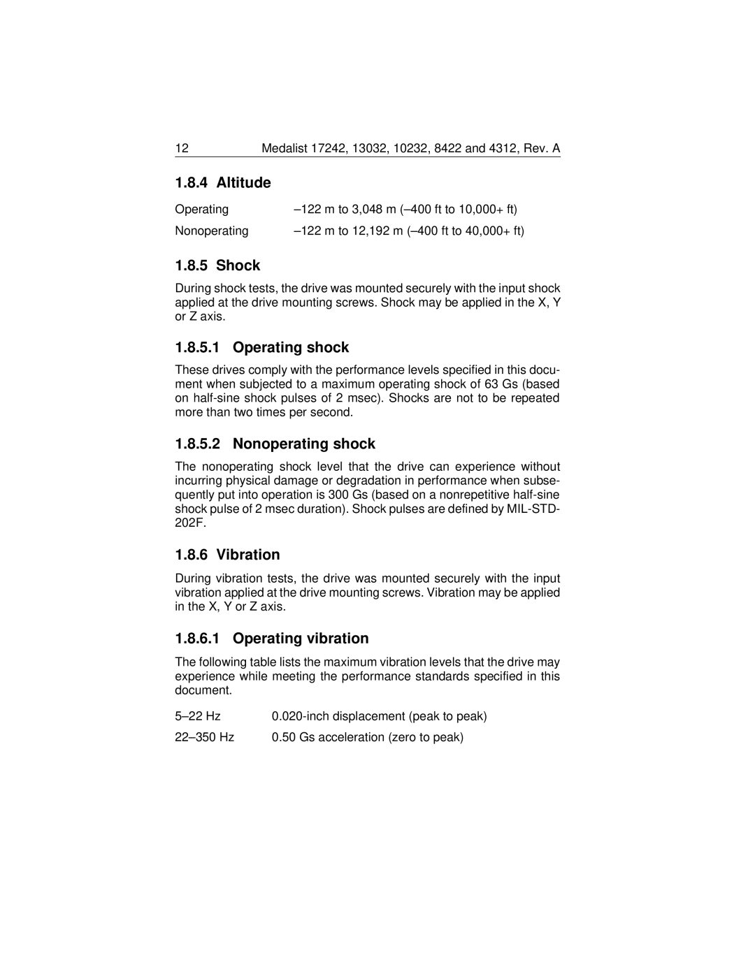 Seagate Medalist 17242 manual Altitude, Shock, Operating shock, Nonoperating shock, Vibration, Operating vibration 