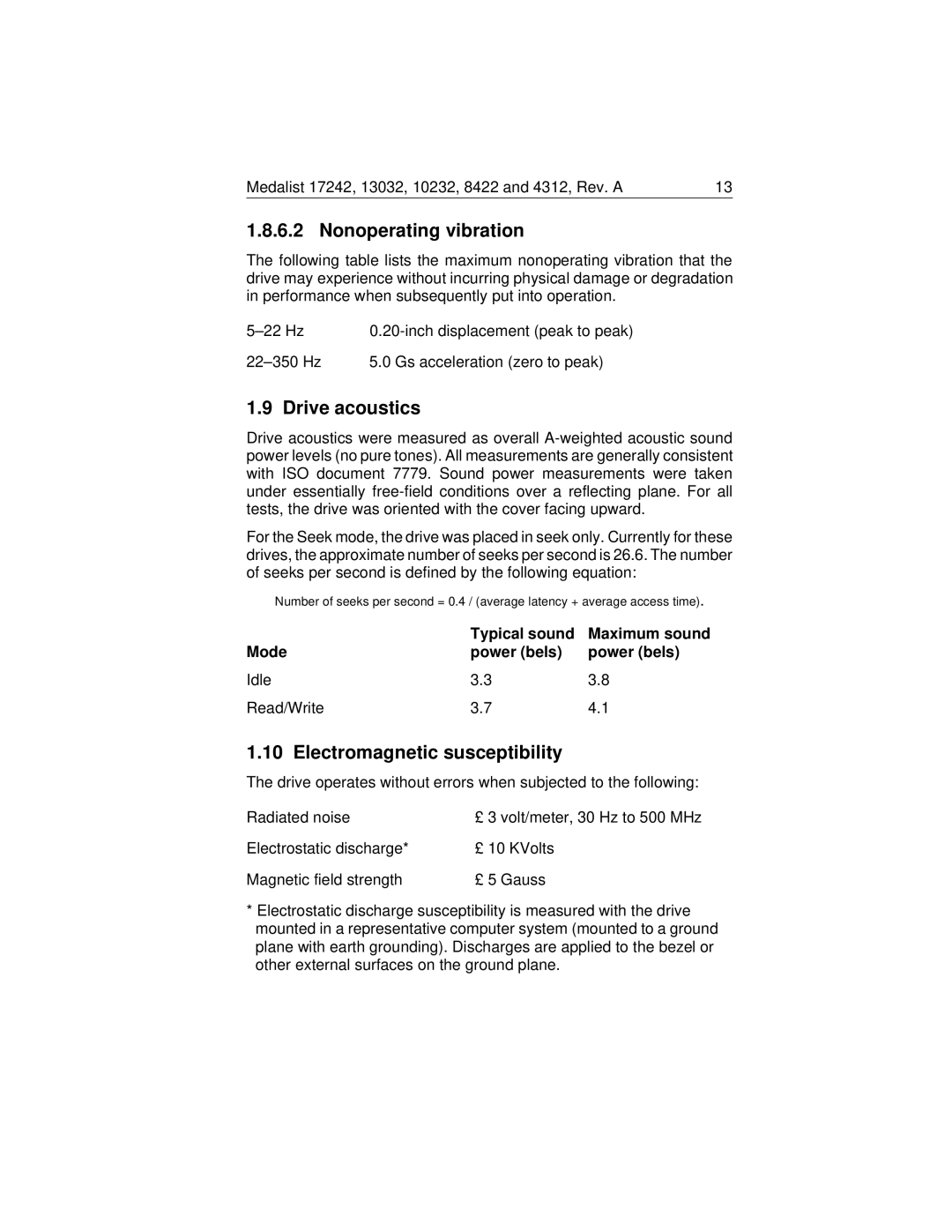 Seagate Medalist 17242 manual Nonoperating vibration, Drive acoustics, Electromagnetic susceptibility 