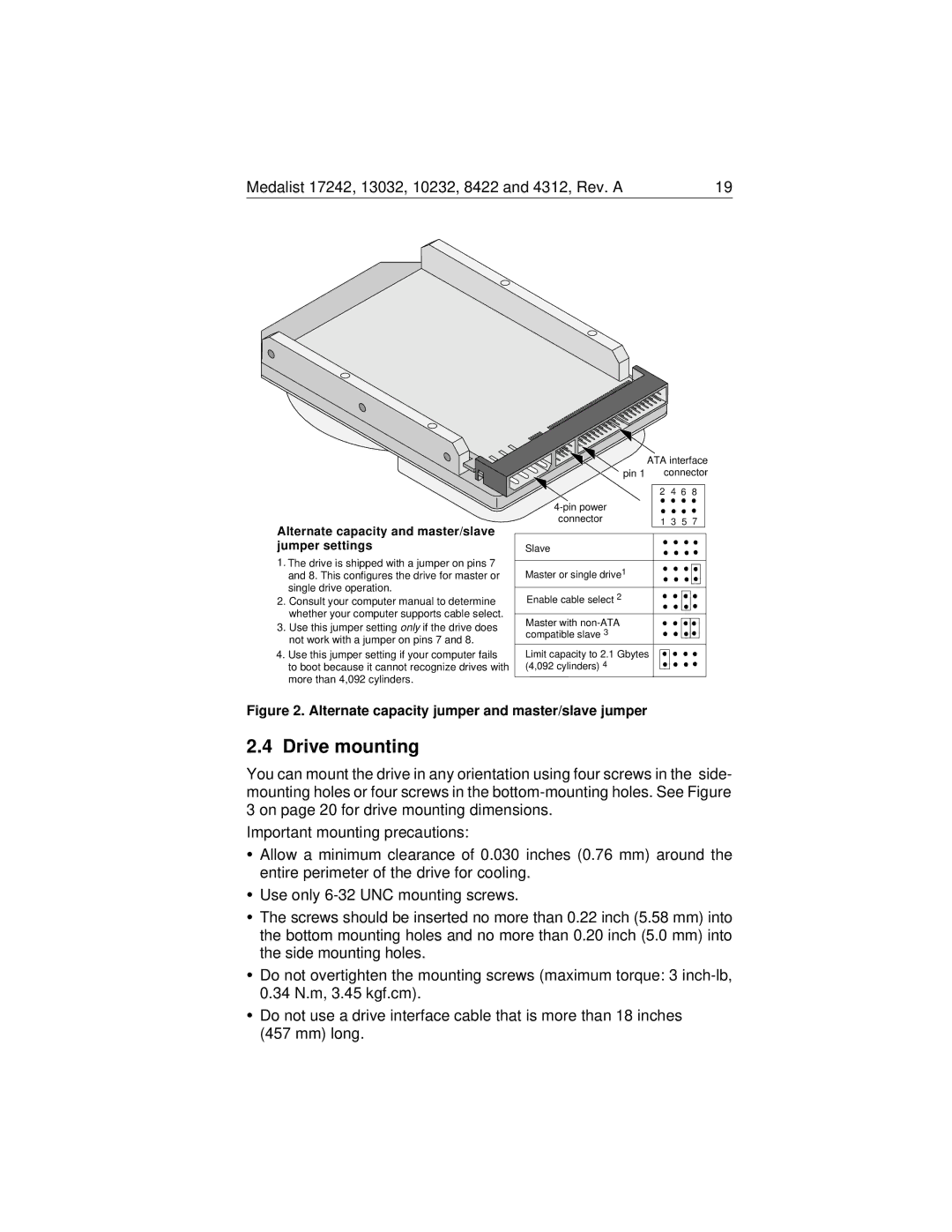 Seagate Medalist 17242 manual Drive mounting, Alternate capacity and master/slave jumper settings 