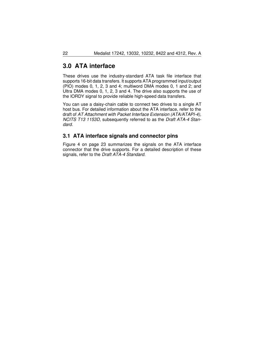 Seagate Medalist 17242 manual ATA interface signals and connector pins 