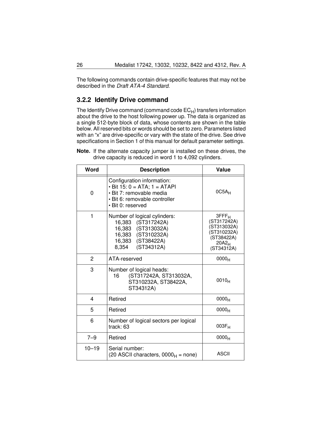Seagate Medalist 17242 manual Identify Drive command, Word Description Value 