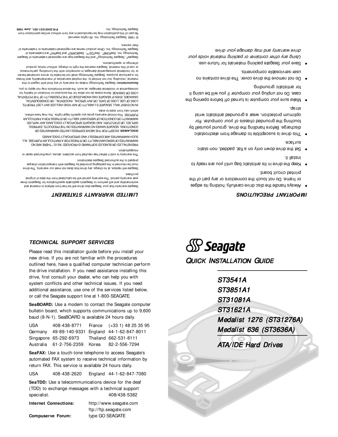 Seagate MEDALIST 1276 (ST31276A), MEDALIST 636 (ST3636A), ST31081A, ST31621A warranty Internet Connections, Compuserve Forum 