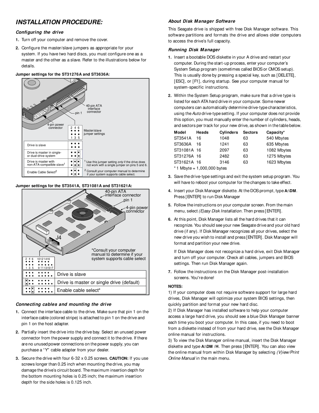 Seagate ST31081A, ST31621A Configuring the drive, Connecting cables and mounting the drive, About Disk Manager Software 