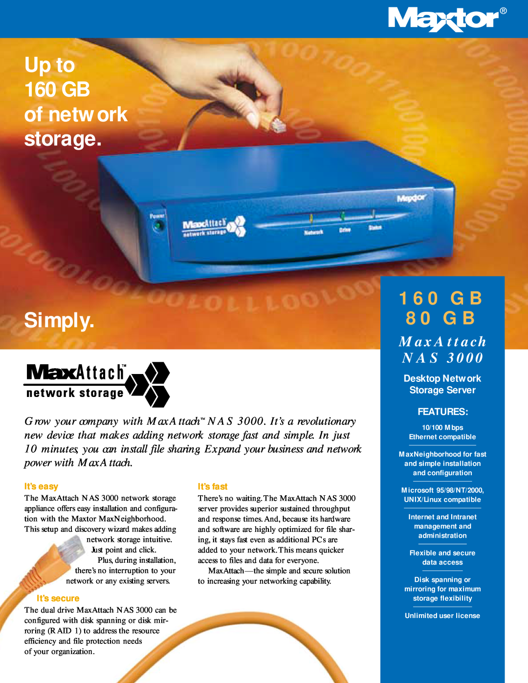 Seagate NAS 3000 manual It’s easy, It’s secure, It’s fast, Up to 160 GB, Simply, of network storage, 160 GB 80 GB 