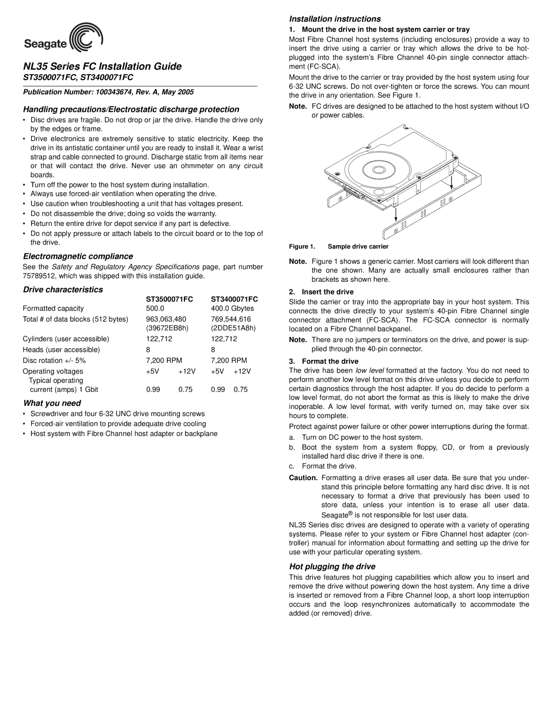 Seagate NL35 Series installation instructions ST3500071FC, ST3400071FC, Electromagnetic compliance, Drive characteristics 