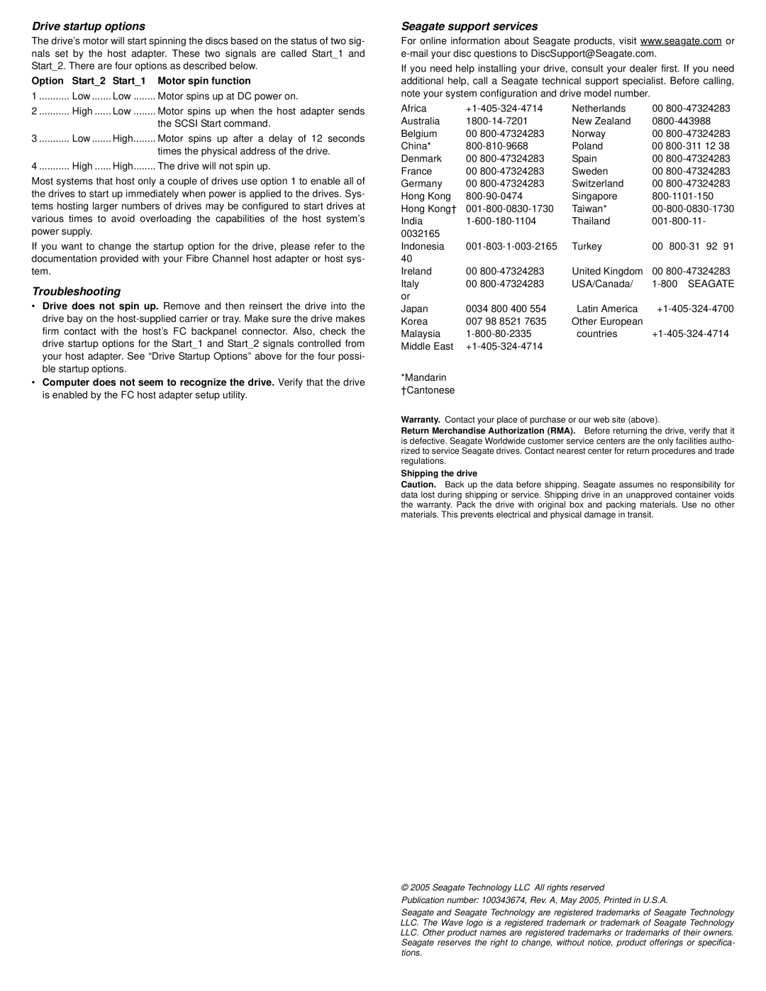 Seagate NL35 Series installation instructions Drive startup options, Troubleshooting, Seagate support services 