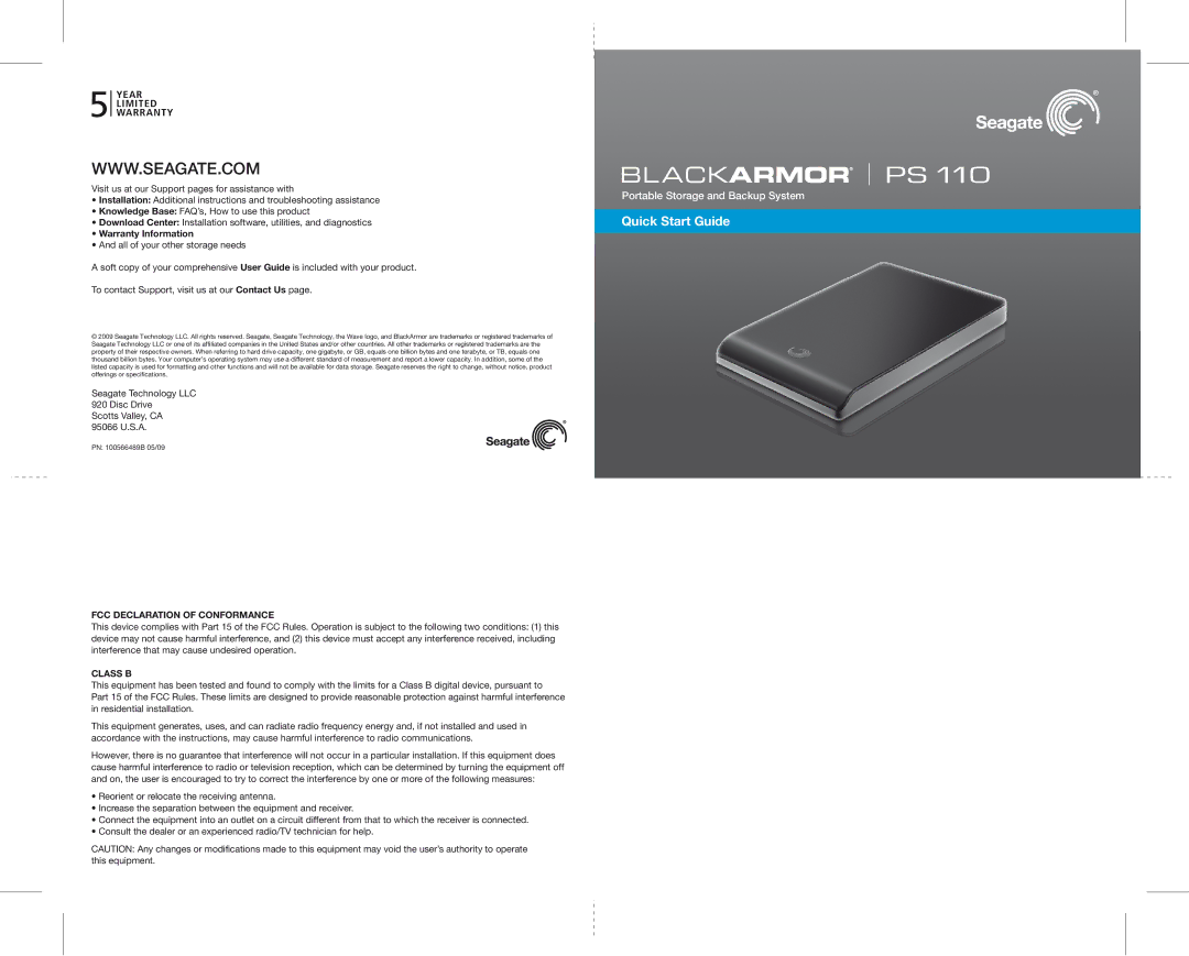 Seagate PS 110 quick start Quick Start Guide, Year Limited Warranty, Warranty Information, FCC Declaration of Conformance 