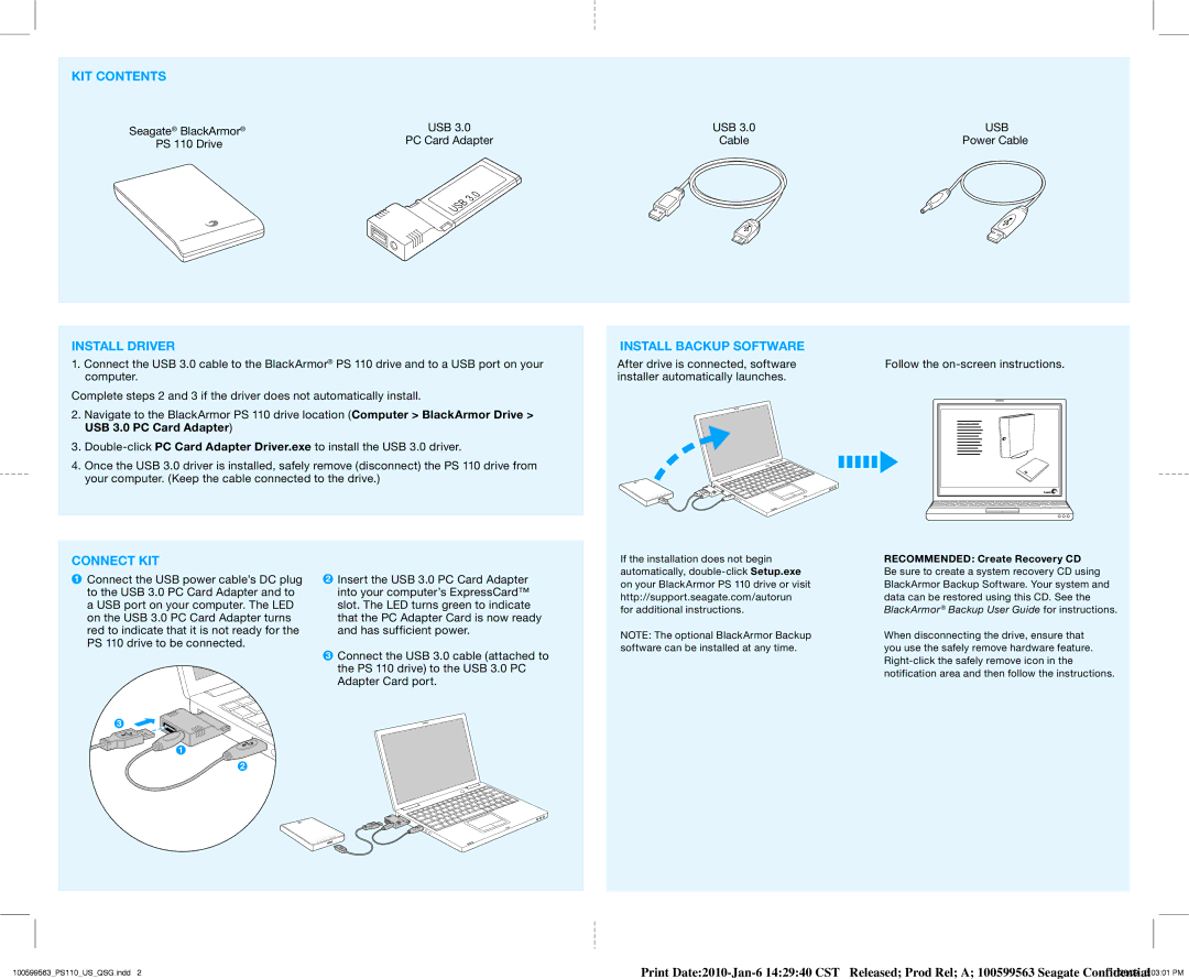 Seagate PS110 KIT Contents, Install Driver, Install Backup Software, Connect KIT, Recommended Create Recovery CD 