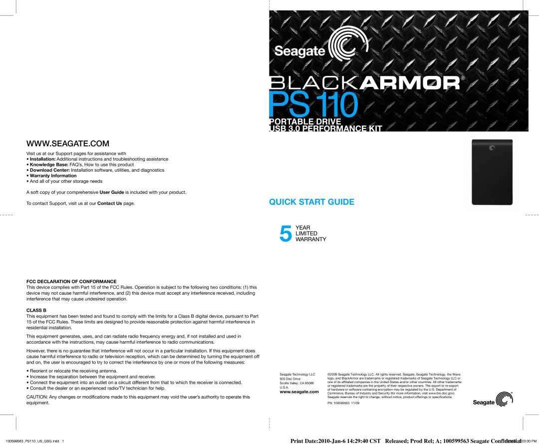 Seagate PS110 quick start Quick Start Guide, Warranty Information, Fcc Declaration Of Conformance, Class B 