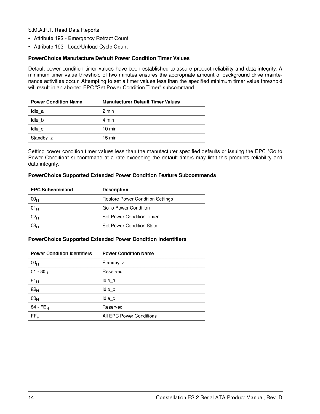 Seagate SED FIPS 140-2 MODEL manual PowerChoice Supported Extended Power Condition Indentifiers, EPC Subcommand Description 