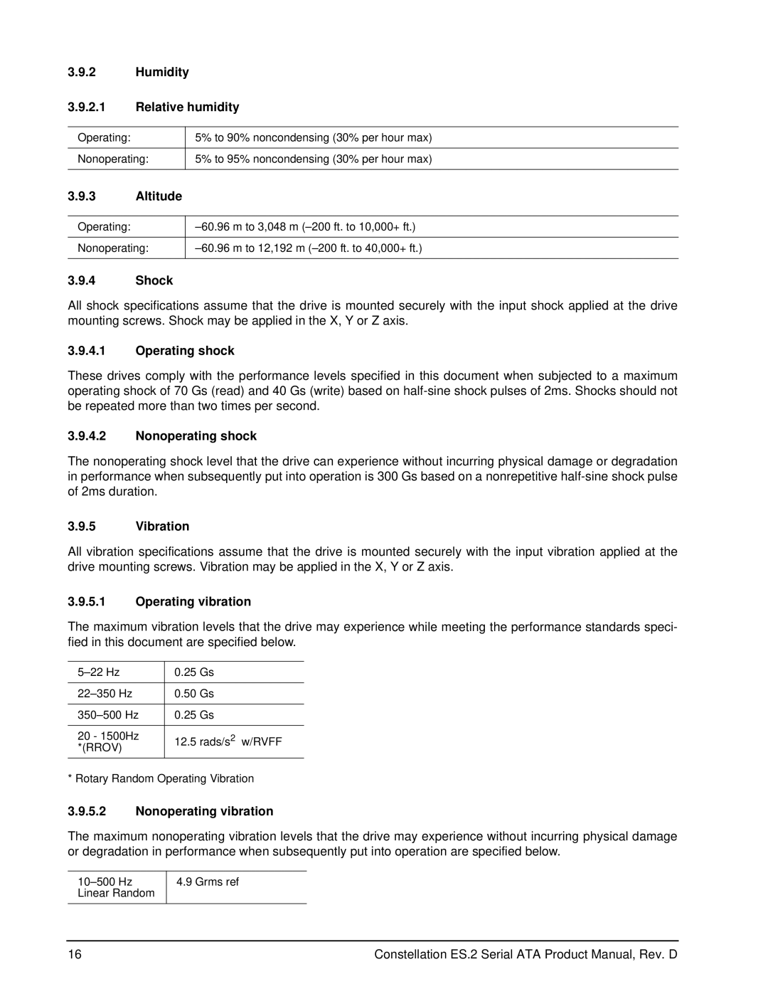 Seagate ST33000652NS manual Humidity Relative humidity, Altitude, Shock, Operating shock, Nonoperating shock, Vibration 