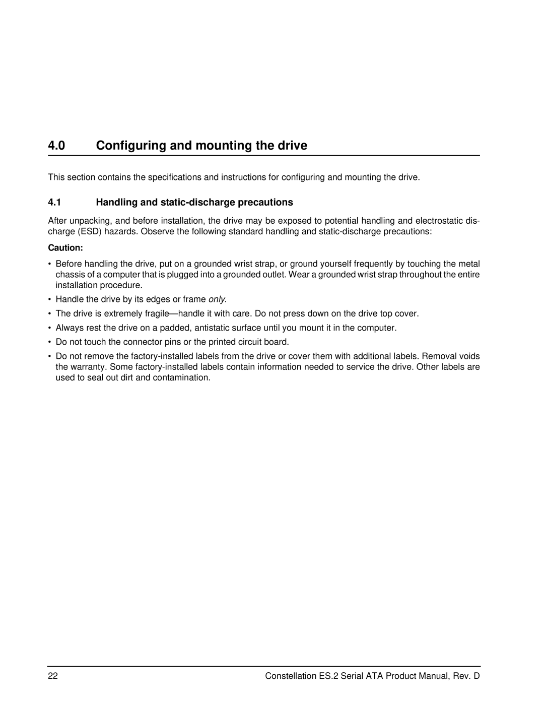 Seagate SED FIPS 140-2 MODEL, ST33000650NS Configuring and mounting the drive, Handling and static-discharge precautions 