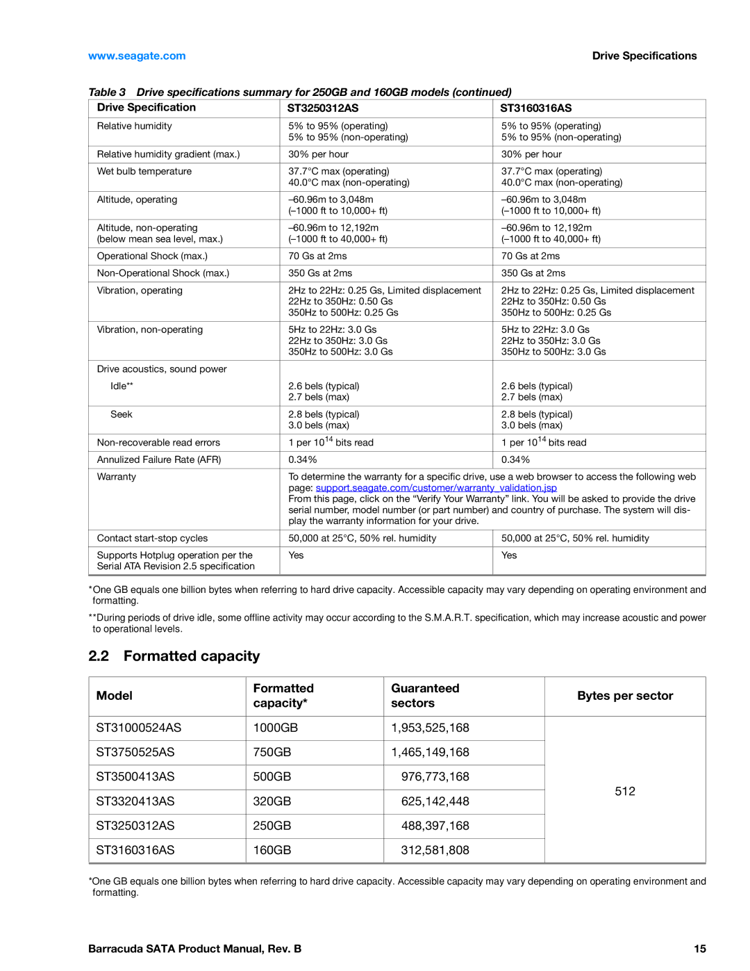 Seagate ST3500413AS, SGTST3000DM0011CH166 Formatted capacity, Model Formatted Guaranteed Bytes per sector Capacity Sectors 