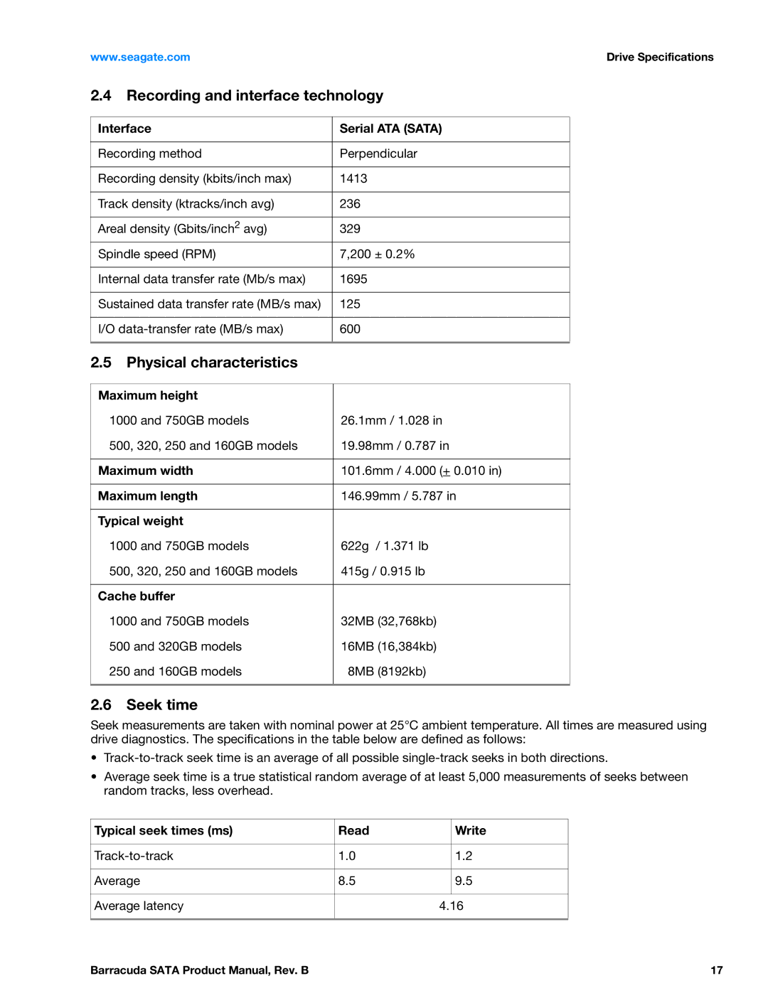 Seagate ST31000524AS, SGTST3000DM0011CH166 manual Recording and interface technology, Physical characteristics, Seek time 