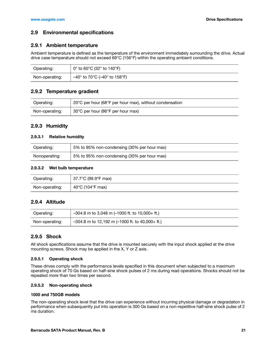 Seagate ST3320413AS Environmental specifications Ambient temperature, Temperature gradient, Humidity, Altitude, Shock 