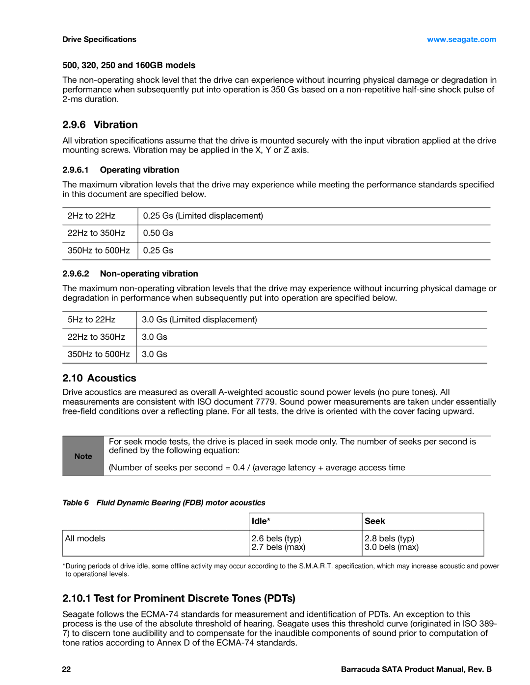 Seagate ST3750525AS, SGTST3000DM0011CH166, ST31000524AS manual Vibration, Acoustics, Test for Prominent Discrete Tones PDTs 