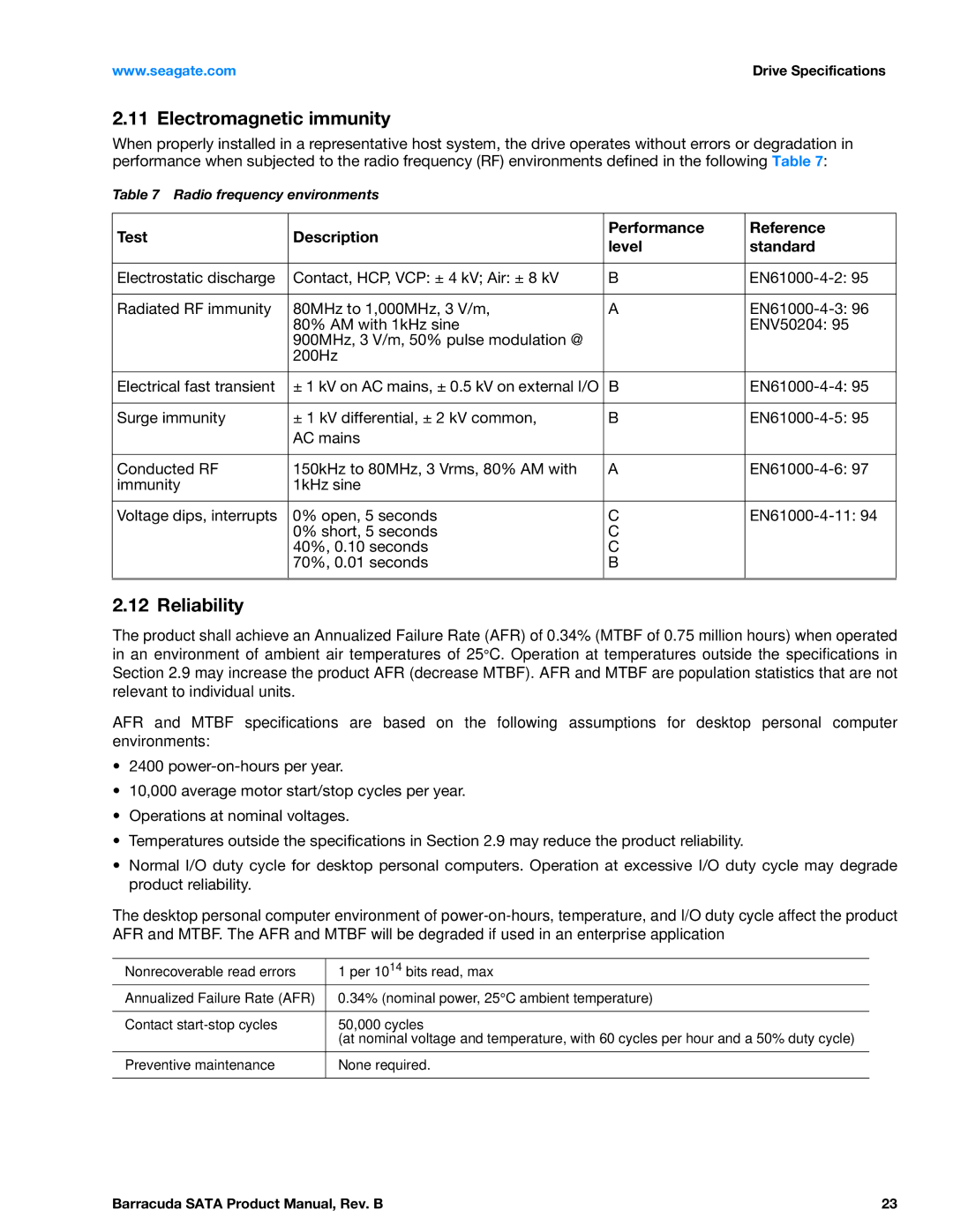 Seagate ST3500413AS manual Electromagnetic immunity, Reliability, Test Description Performance Reference Level Standard 