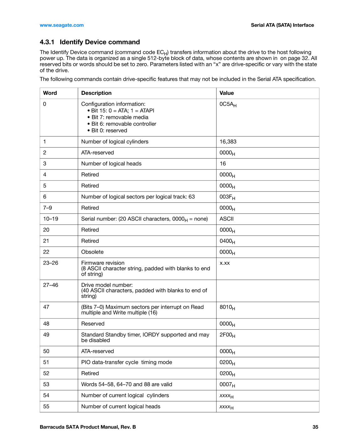 Seagate ST3250312AS, SGTST3000DM0011CH166, ST31000524AS, ST3160316AS manual Identify Device command, Word Description Value 