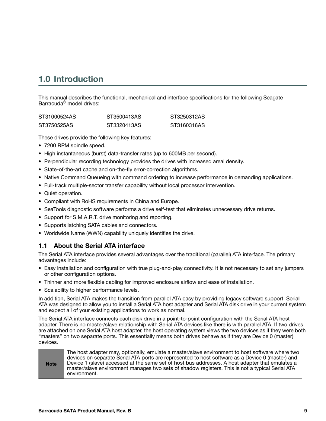 Seagate ST31000524AS, SGTST3000DM0011CH166, ST3160316AS, ST3250312AS manual Introduction, About the Serial ATA interface 