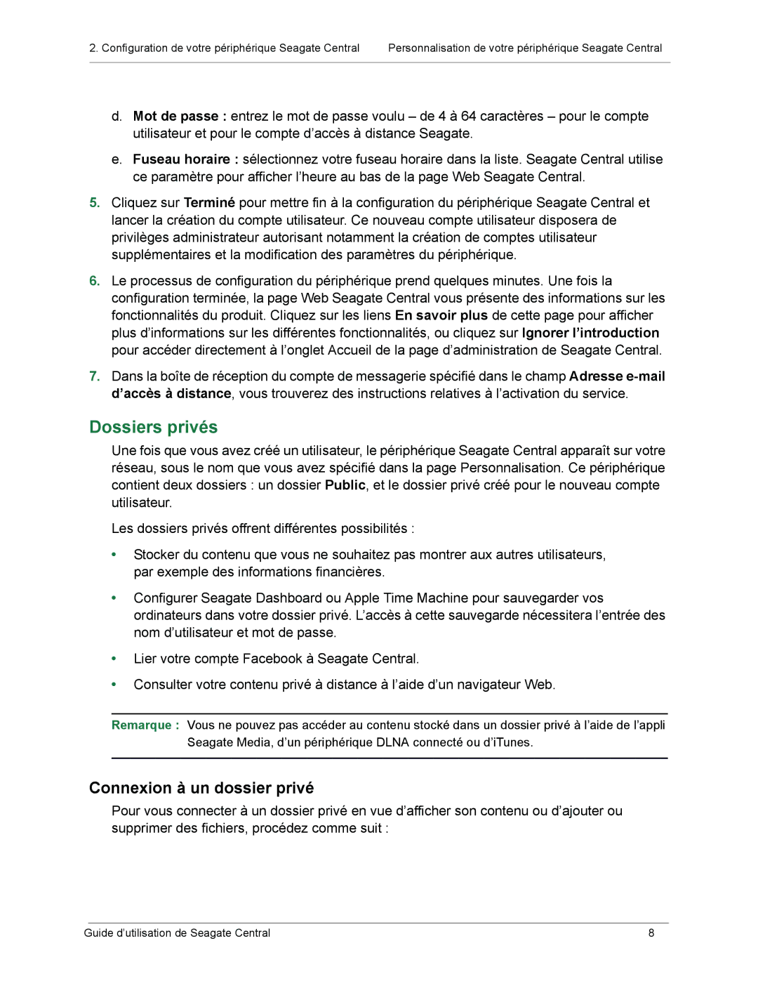 Seagate SRN01C manual Dossiers privés, Connexion à un dossier privé 