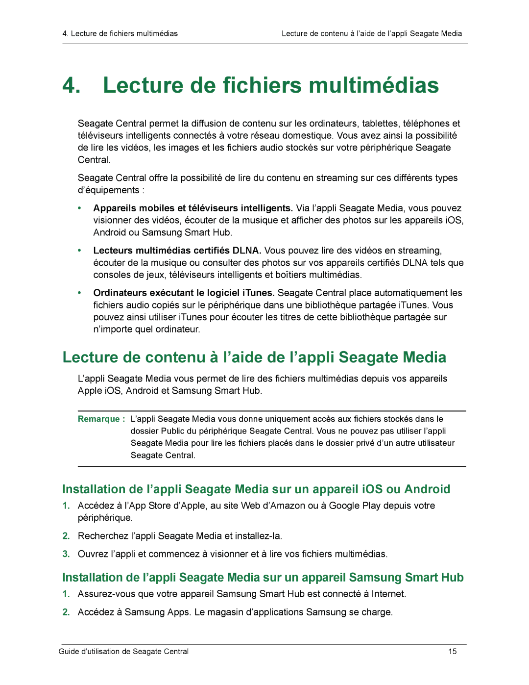 Seagate SRN01C manual Lecture de fichiers multimédias, Lecture de contenu à l’aide de l’appli Seagate Media 