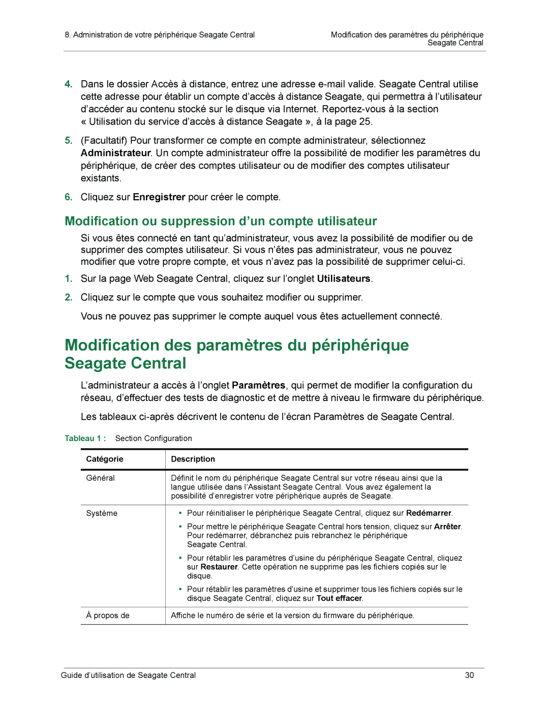 Seagate SRN01C manual Modification des paramètres du périphérique Seagate Central 