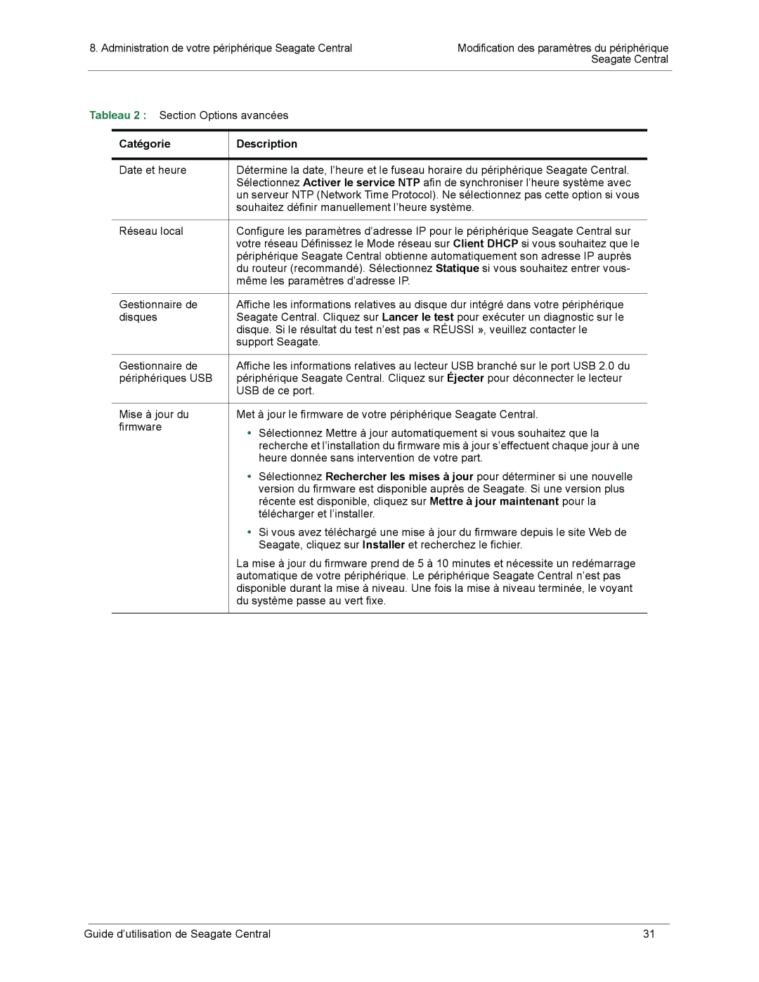 Seagate SRN01C manual Tableau 2 Section Options avancées 