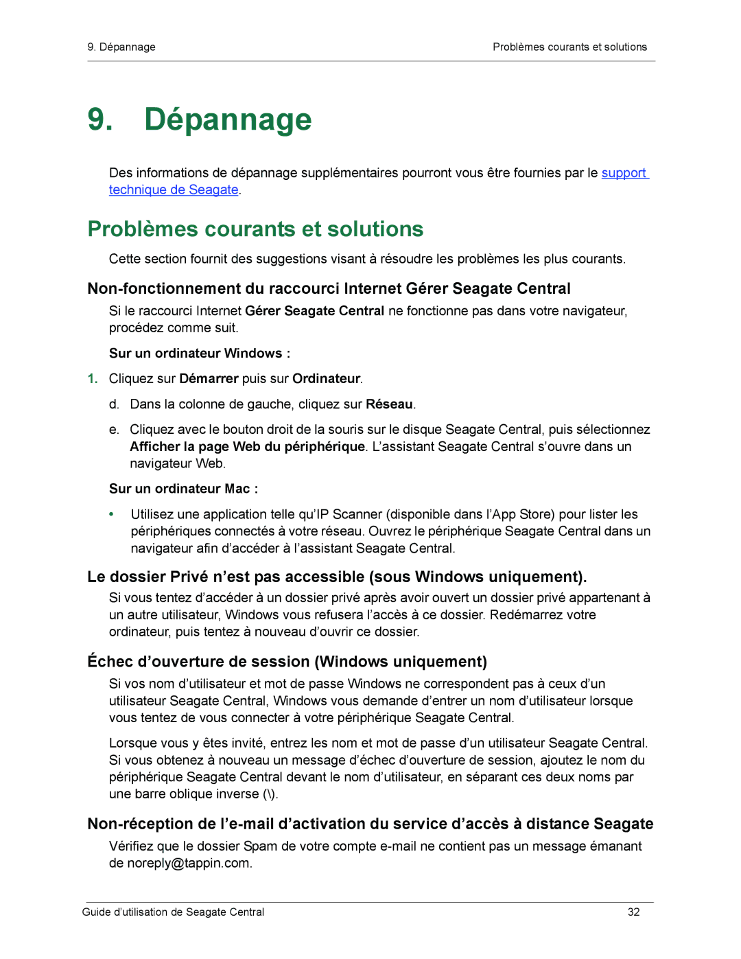 Seagate SRN01C manual Dépannage, Problèmes courants et solutions 