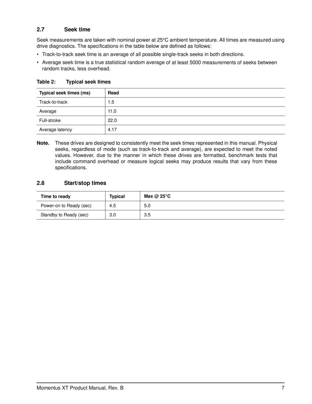 Seagate ST93205620AS manual Seek time, Start/stop times, Typical seek times ms Read, Time to ready Typical Max @ 25C 