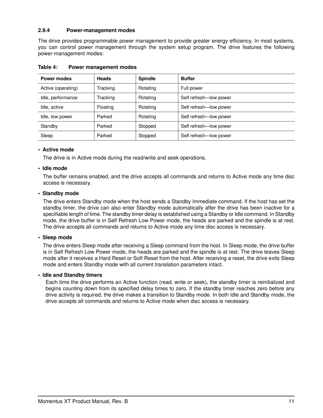 Seagate ST92505610AS, ST1000LM014 manual Power-management modes, Power management modes, Active mode, Idle mode, Sleep mode 