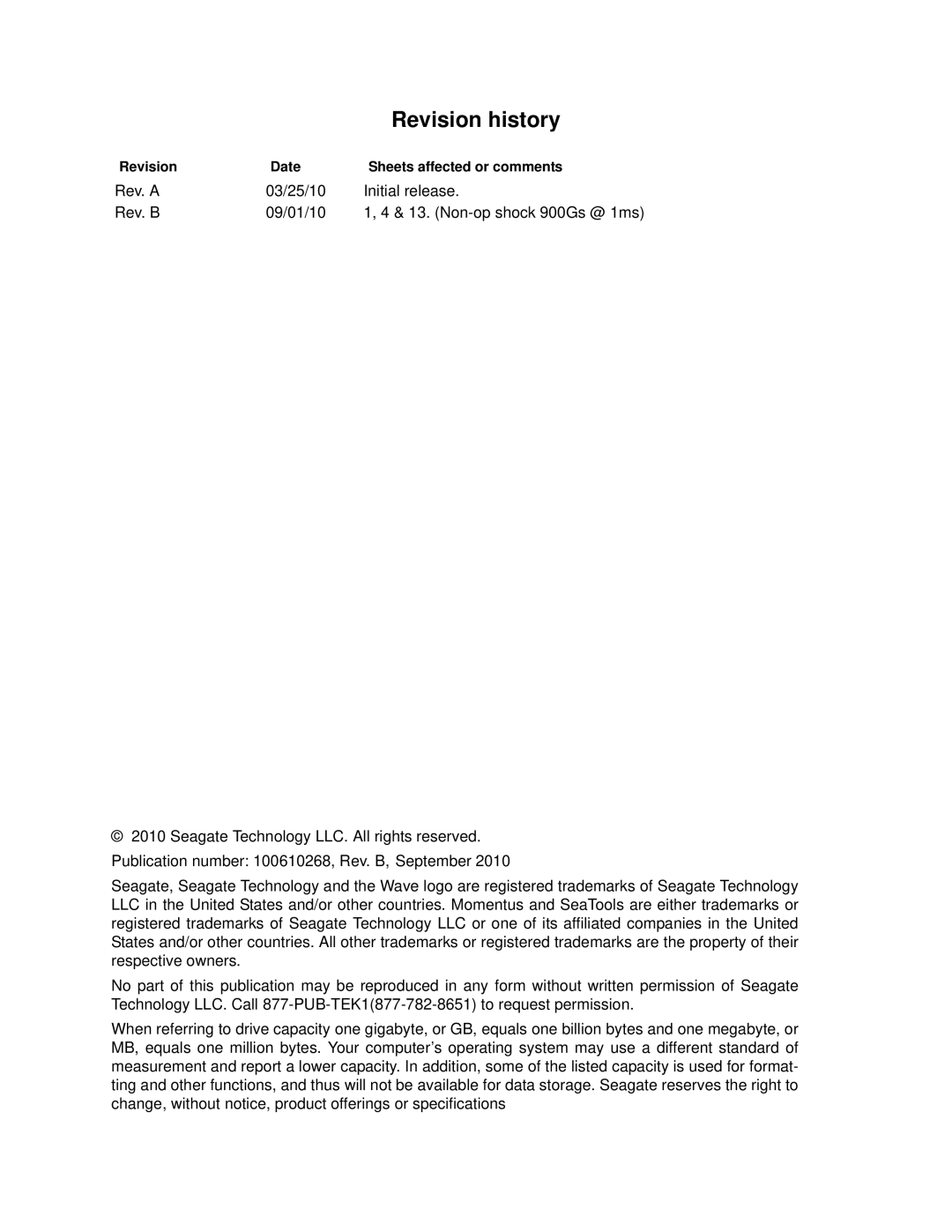 Seagate ST92505610AS, ST1000LM014, ST93205620AS manual Revision history, Revision Date Sheets affected or comments 