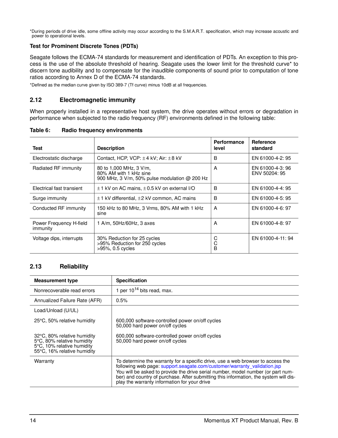 Seagate ST92505610AS, ST1000LM014 manual Electromagnetic immunity, Reliability, Test for Prominent Discrete Tones PDTs 