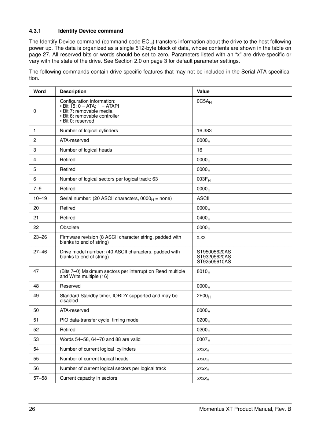 Seagate ST92505610AS, ST1000LM014, ST93205620AS manual Identify Device command, Word Description Value 