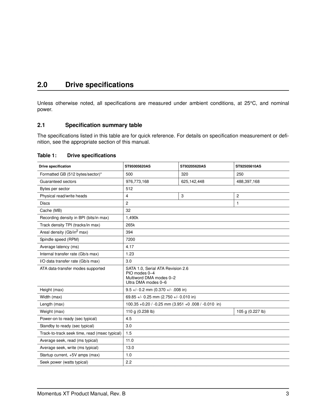 Seagate ST1000LM014, ST93205620AS, ST92505610AS manual Drive specifications, Specification summary table 