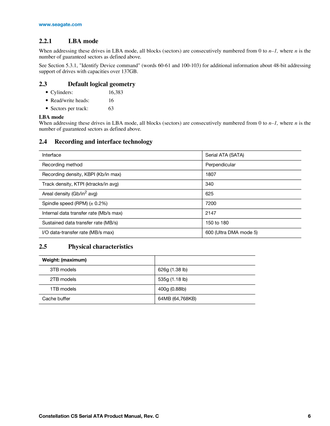 Seagate ST3000NC000 manual LBA mode, Default logical geometry, Recording and interface technology, Physical characteristics 