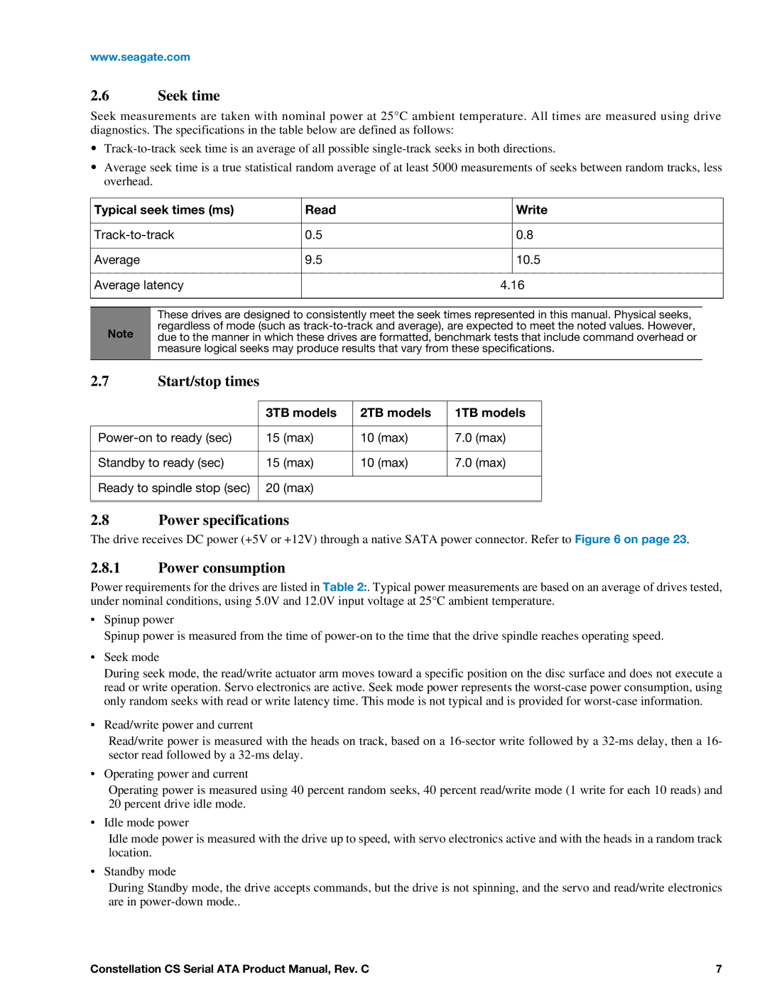 Seagate ST1000NC001, ST1000NC000, ST2000NC001 manual Seek time, Start/stop times, Power specifications, Power consumption 