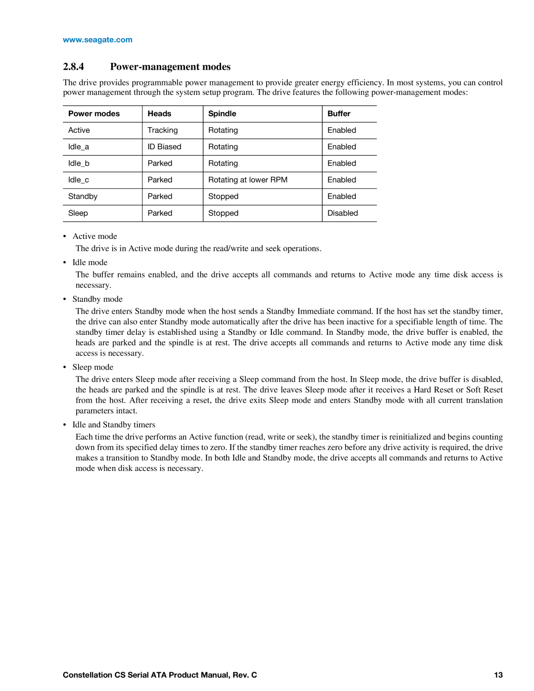 Seagate ST1000NC001, ST1000NC000, ST2000NC001, ST2000NC000 manual Power-management modes, Power modes Heads Spindle Buffer 
