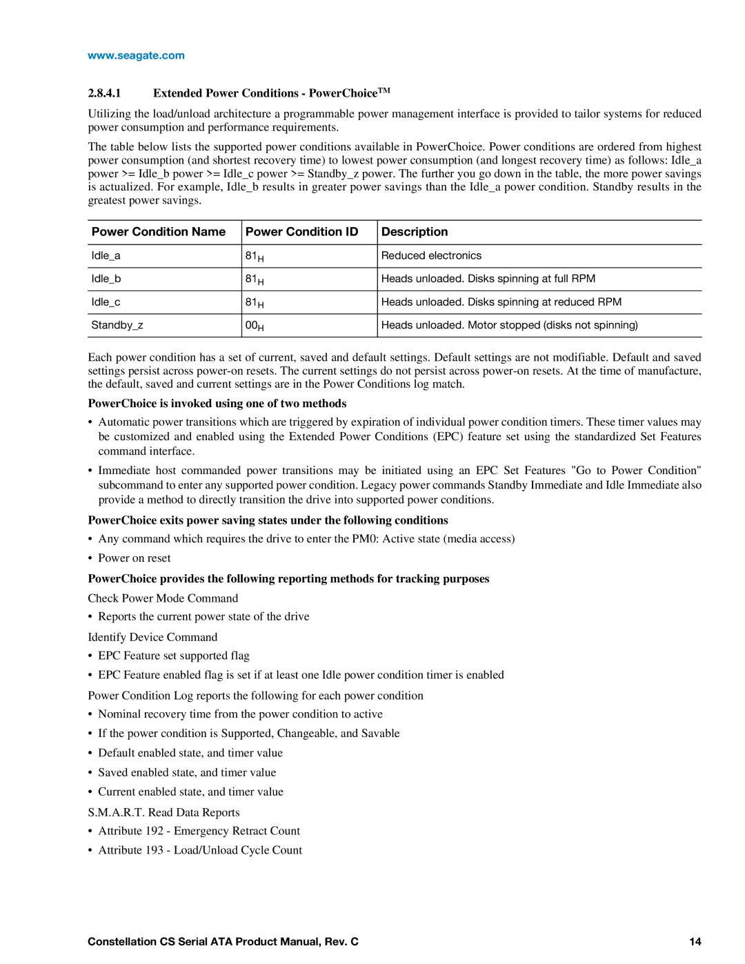 Seagate ST1000NC000 manual Extended Power Conditions PowerChoiceTM, Power Condition Name Power Condition ID Description 