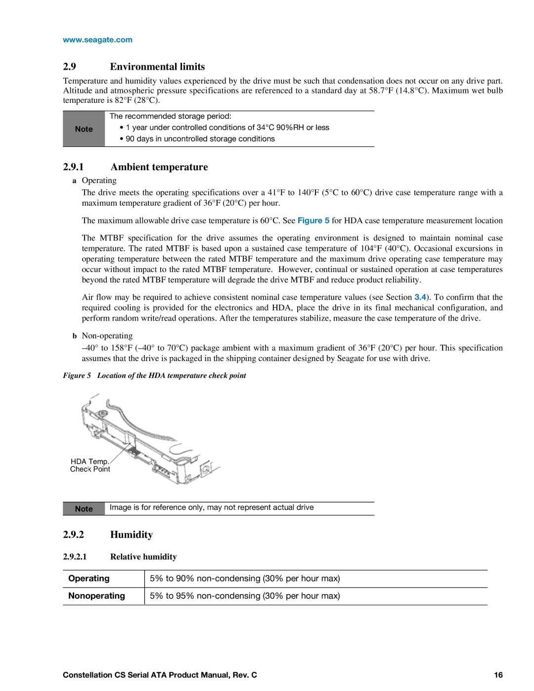 Seagate ST2000NC000, ST1000NC001, ST1000NC000 Environmental limits, Ambient temperature, Humidity, Operating, Nonoperating 