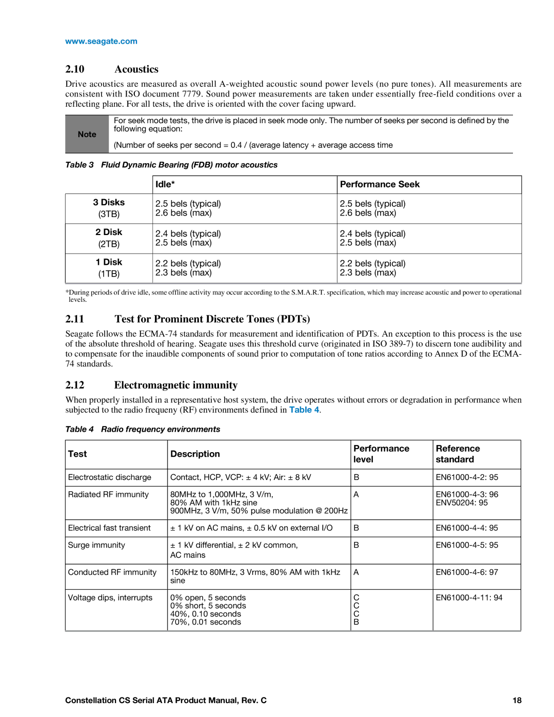 Seagate ST3000NC000, ST1000NC001, ST1000NC000 Acoustics, Test for Prominent Discrete Tones PDTs, Electromagnetic immunity 