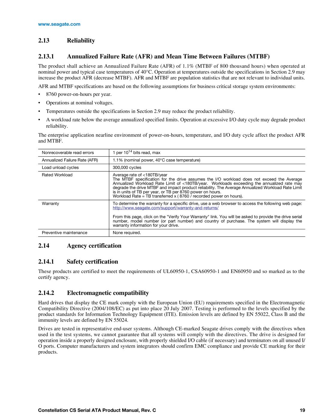 Seagate ST1000NC001, ST1000NC000, ST2000NC001 manual Agency certification Safety certification, Electromagnetic compatibility 