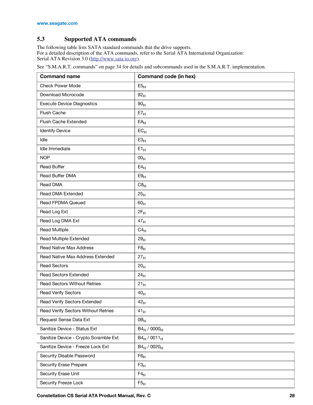 Seagate ST2000NC000, ST1000NC001, ST1000NC000, ST2000NC001 manual Supported ATA commands, Command name Command code in hex 