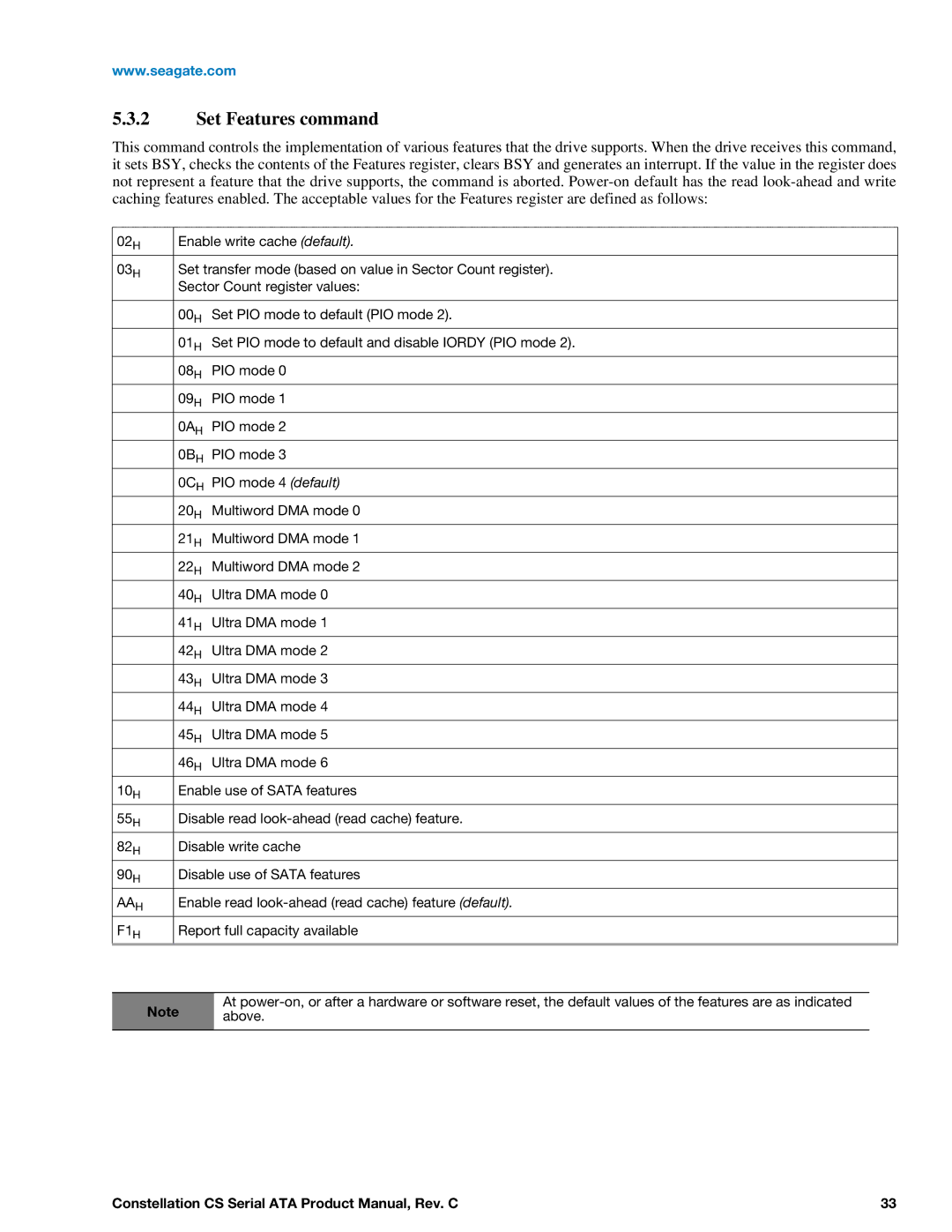 Seagate ST2000NC001, ST1000NC001, ST1000NC000, ST2000NC000, ST3000NC002, ST3000NC000 manual Set Features command, 0CH 