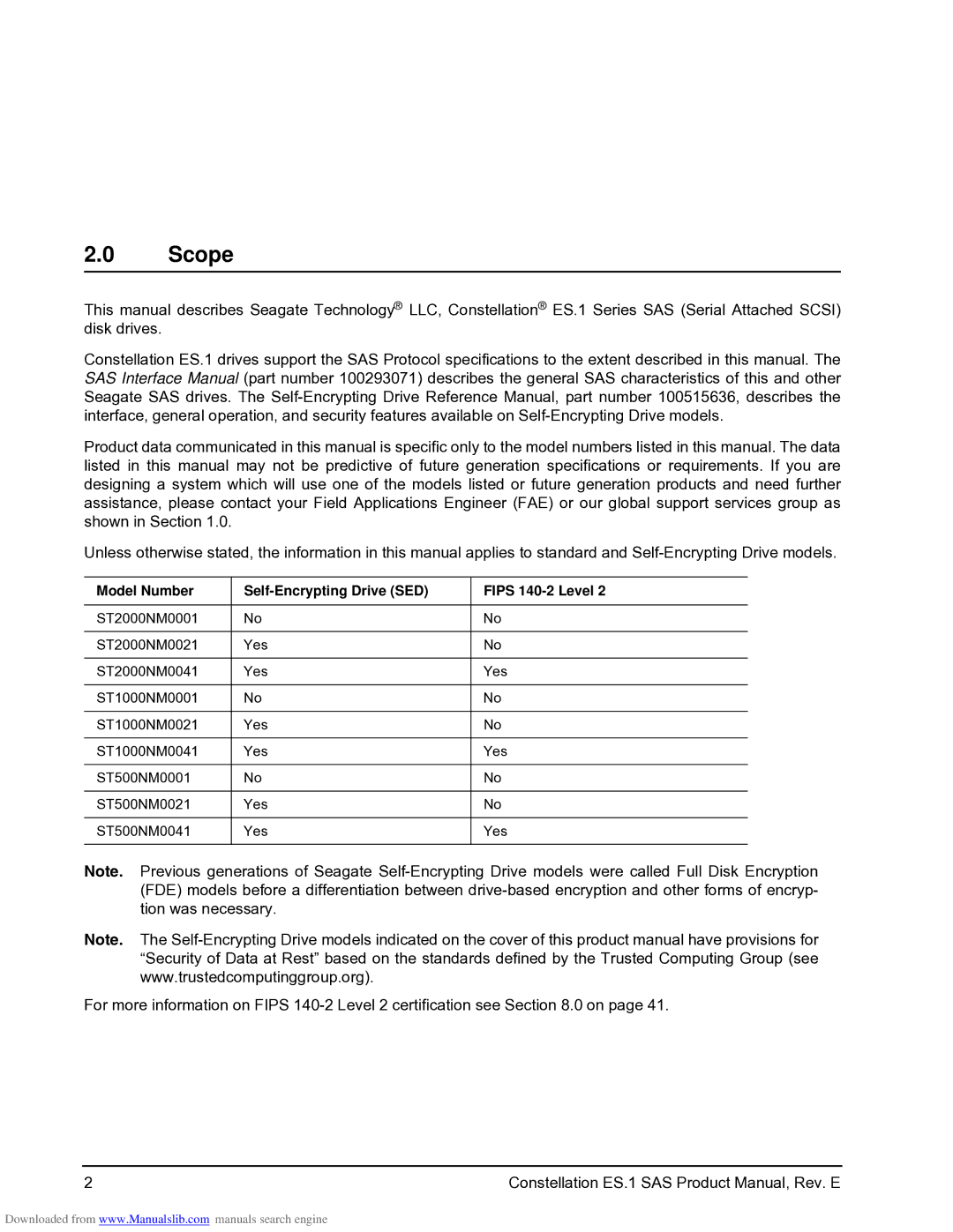 Seagate ST1000NM0021, ST1000NM0001, ST1000NM0041, ST500NM0041 Scope, Model Number Self-Encrypting Drive SED Fips 140-2 Level 